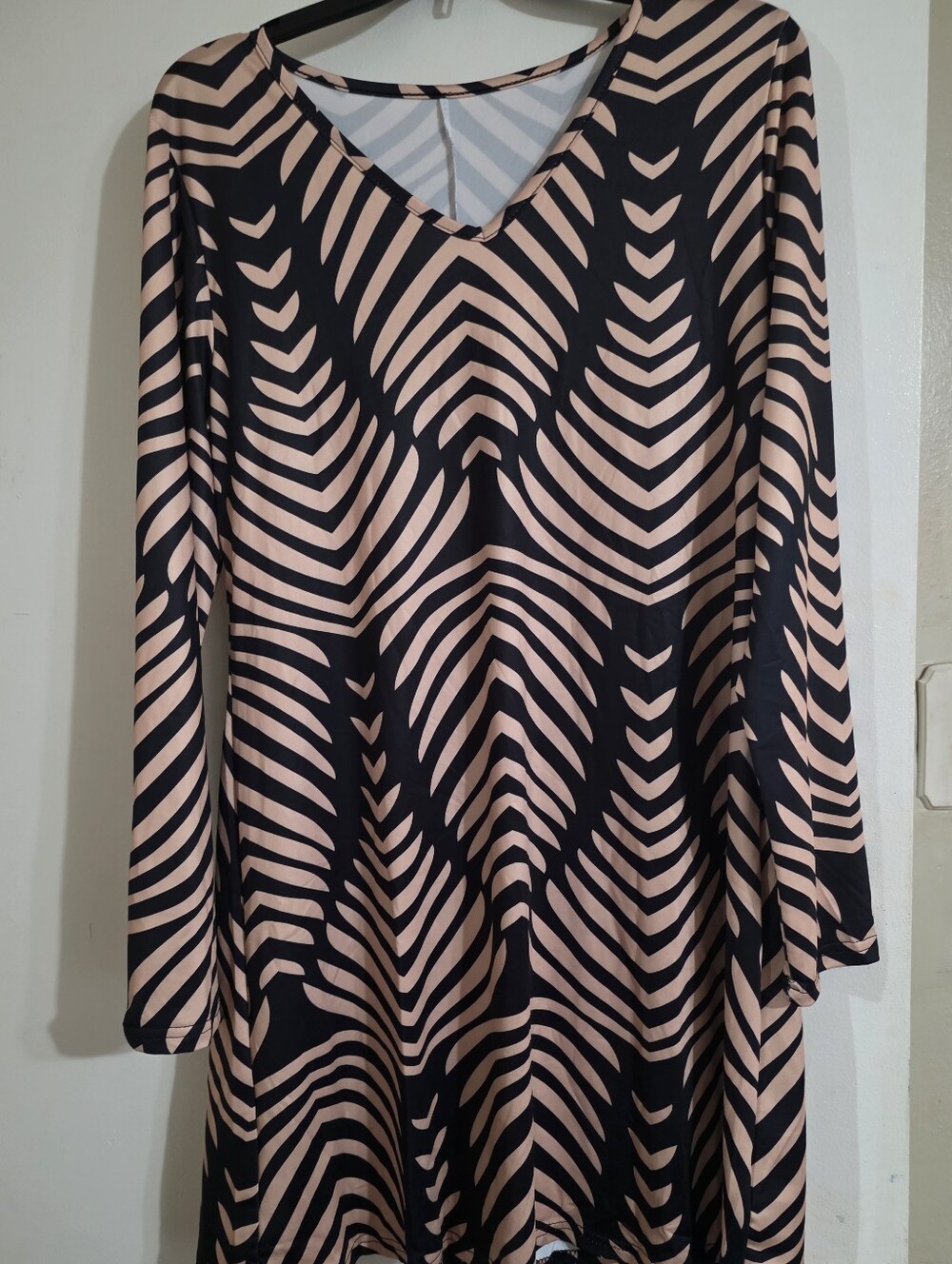 Black Beige Long Sleeve Patterned A-Line Dress Geometric Print Stretchy Casual - Picture 3 of 7